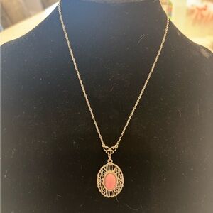 Vintage 1928 Silver Tone Necklace Filigree Pendant with Pink Cabochan Stone